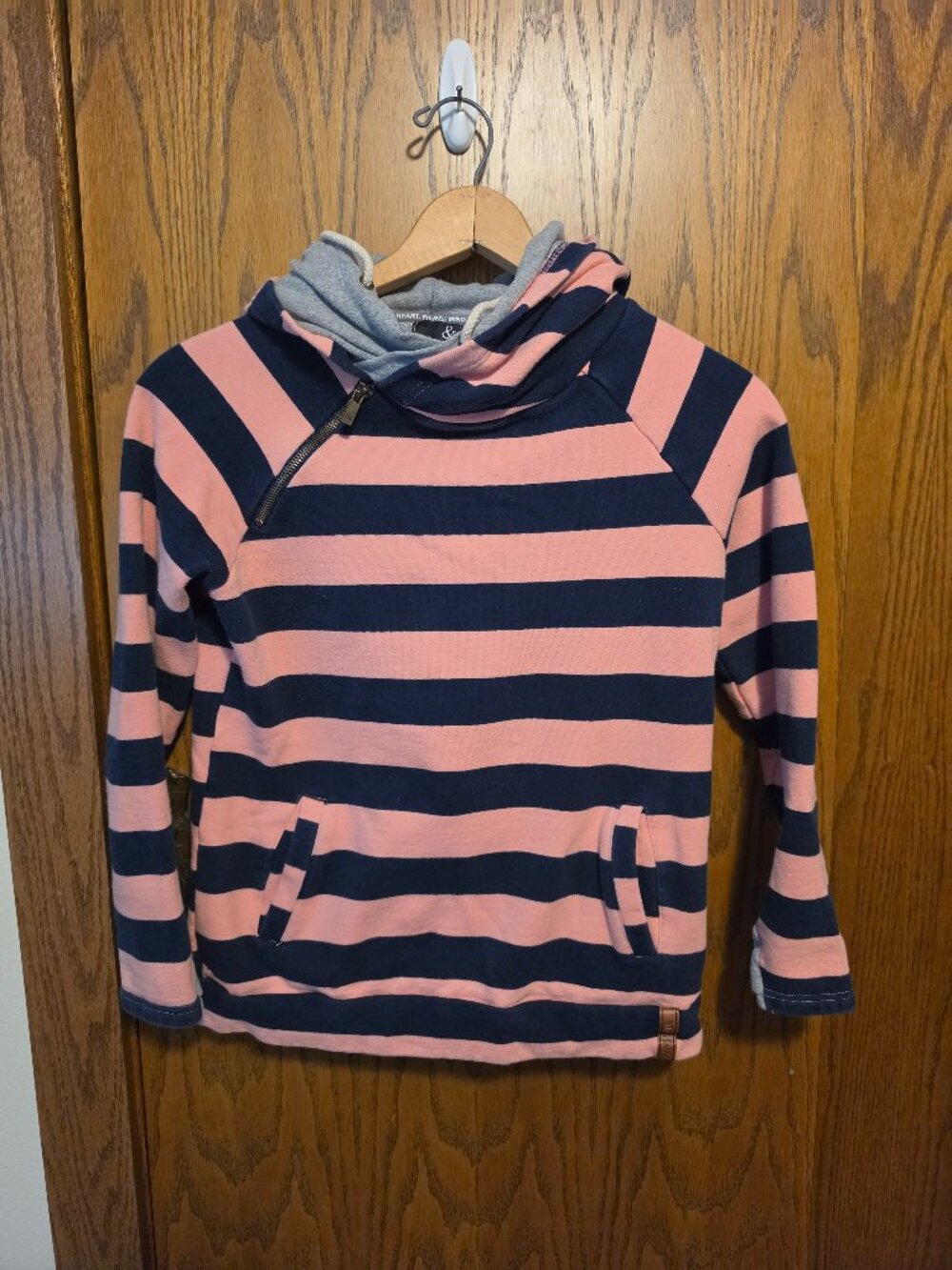Ampersand Avenue Double Hooded Sweatshirt Pink Navy Stripe Medium